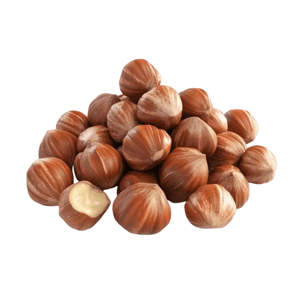 Mucchio di nocciole, una aperta, sfondo nero.