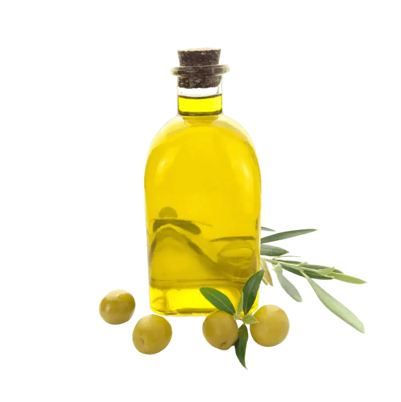 Bottiglia di olio d'oliva con olive e rametti.