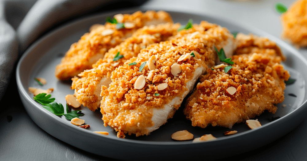 Pollo in crosta di bastoncini di mandorle al forno
