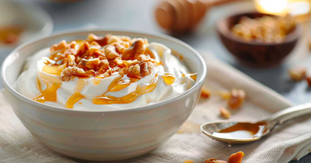 Yogurt greco con granella di mandorle e miele